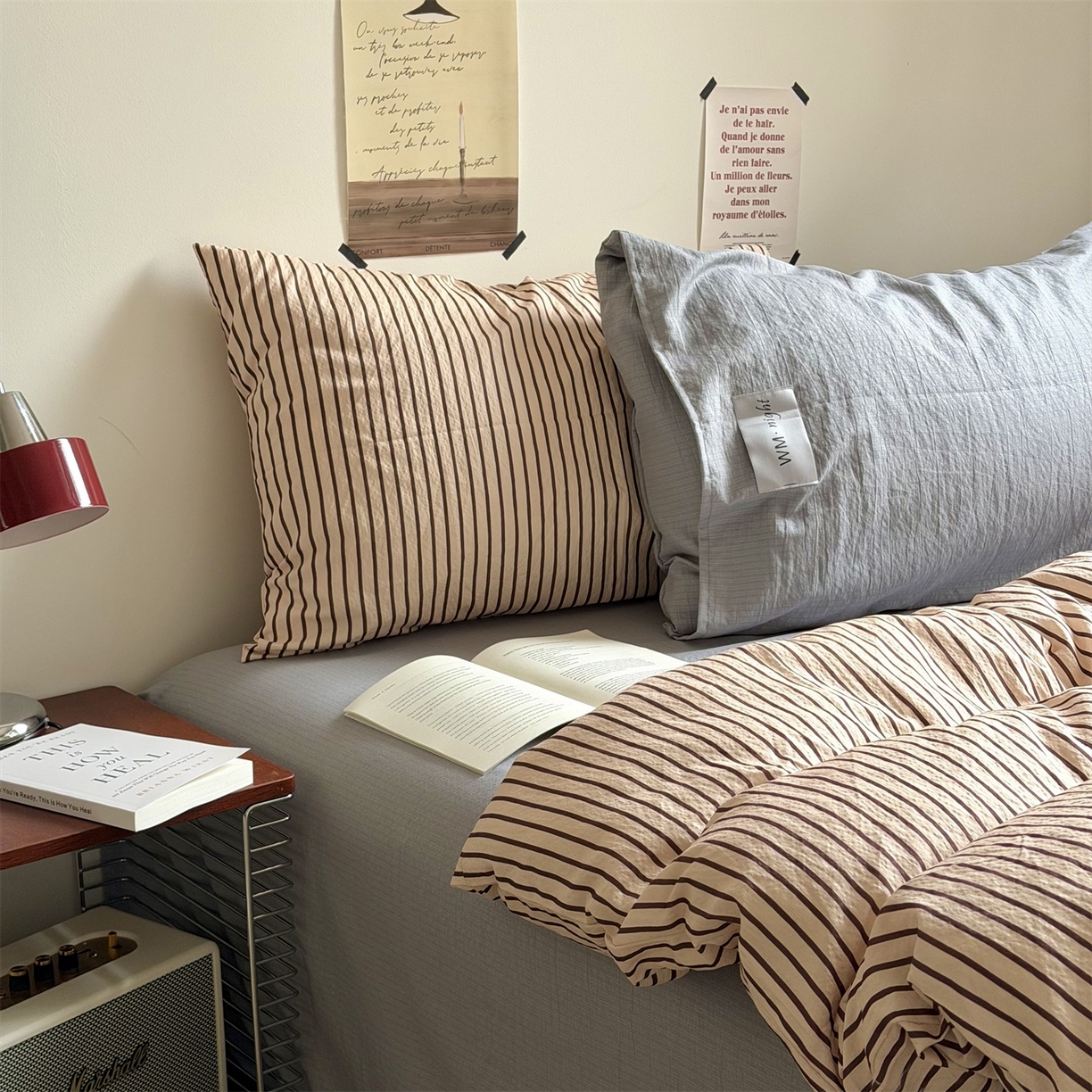 91家纺网 家纺一手货源 找家纺 拾一 2026新款条纹简约中古木棉水洗棉四件套 慵懒条-奶茶