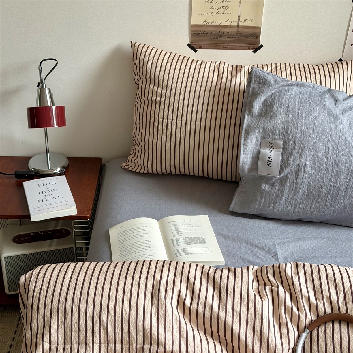 91家纺网 家纺一手货源 找家纺 拾一 2026新款条纹简约中古木棉水洗棉四件套 慵懒条-奶茶