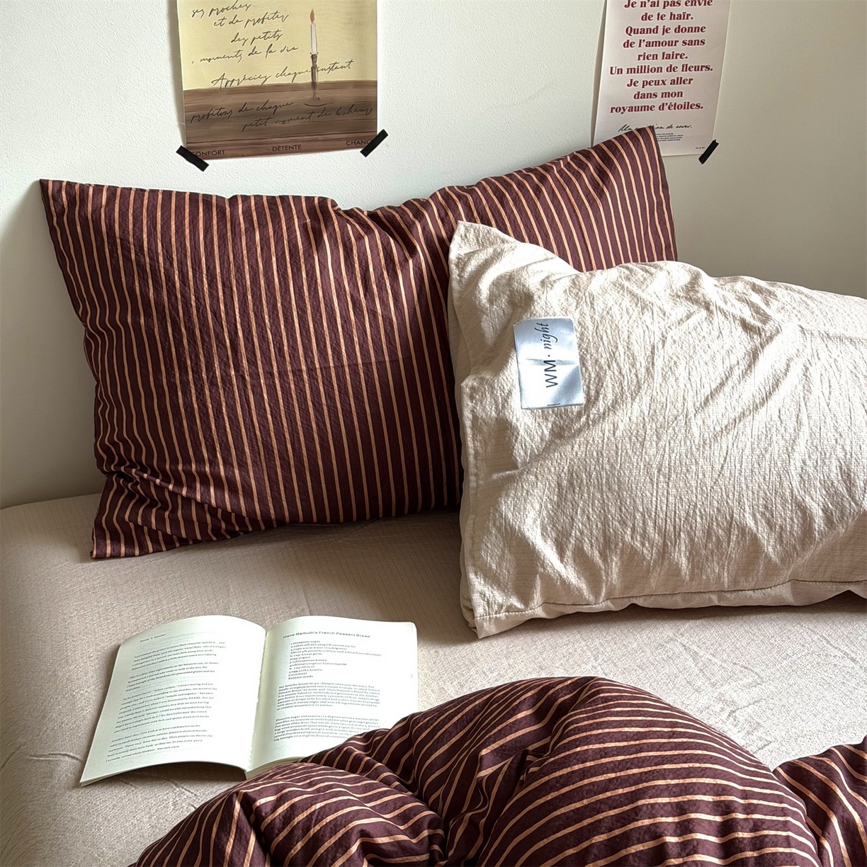 91家纺网 家纺一手货源 找家纺 拾一 2026新款条纹简约中古木棉水洗棉四件套 慵懒条-棕