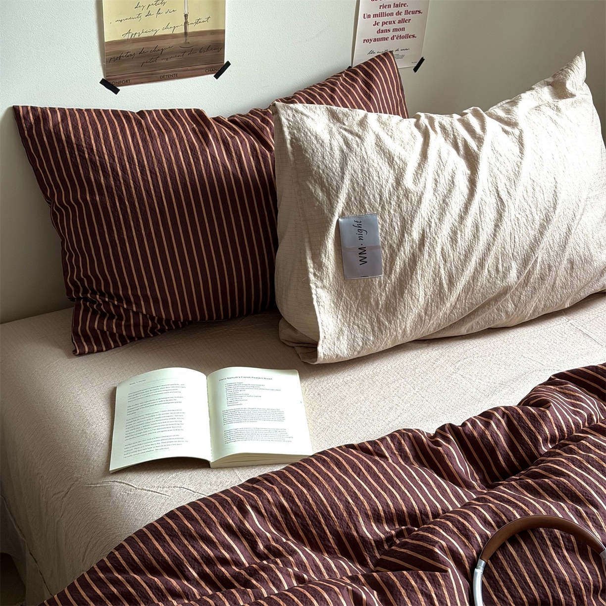 91家纺网 家纺一手货源 找家纺 拾一 2026新款条纹简约中古木棉水洗棉四件套 慵懒条-棕