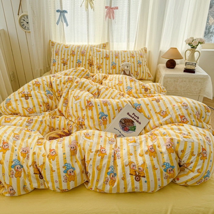 91家纺网 家纺一手货源 找家纺 温眠家纺 2026新款云感针织提花双层纱四件套 快乐星星