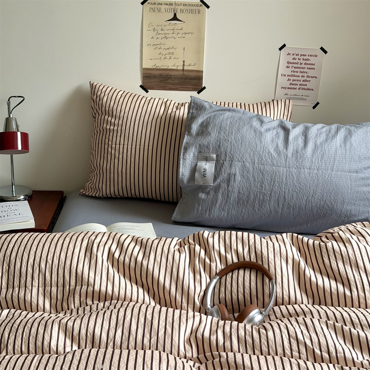 91家纺网 家纺一手货源 找家纺 拾一 2026新款条纹简约中古木棉水洗棉四件套 慵懒条-奶茶