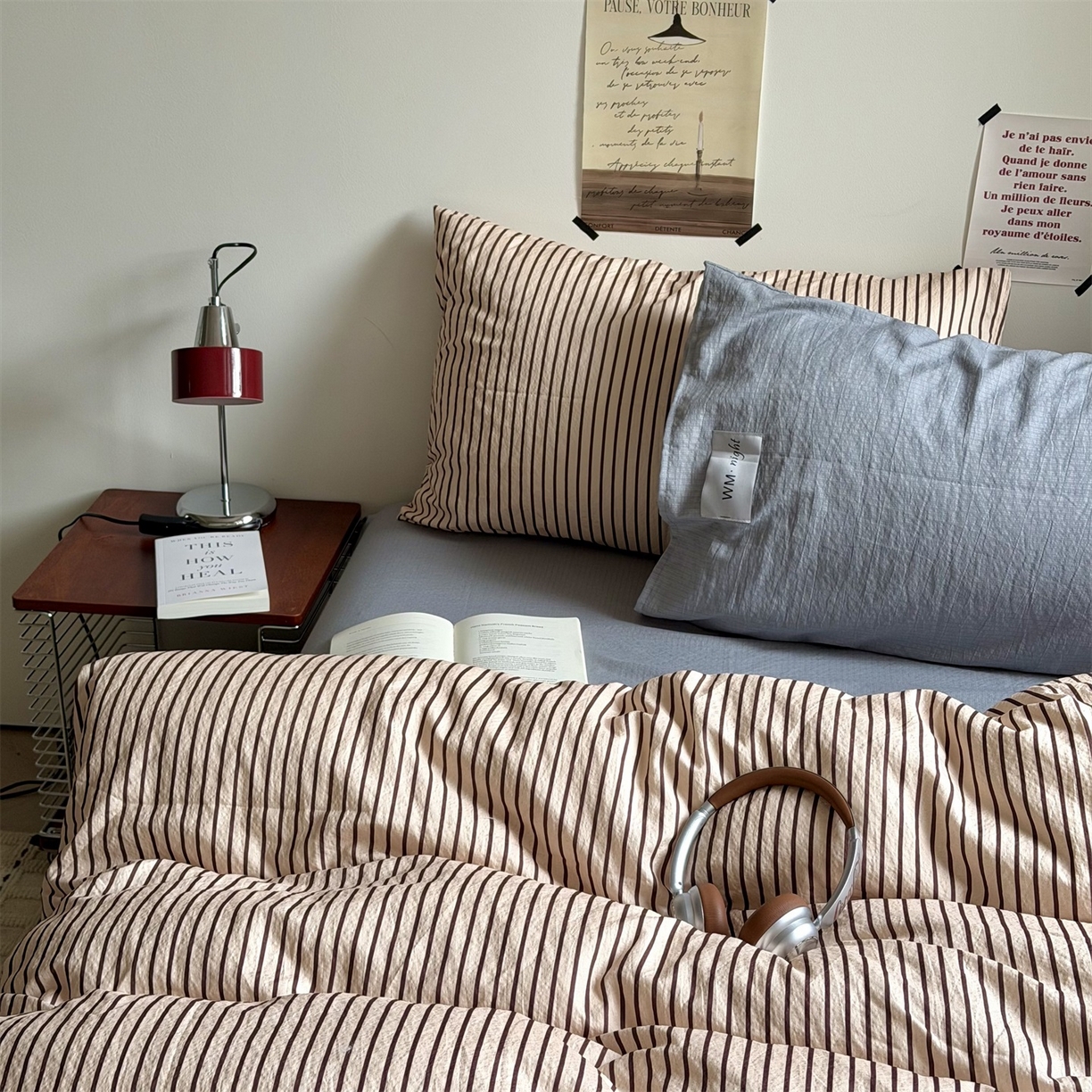 91家纺网 家纺一手货源 找家纺 拾一 2026新款条纹简约中古木棉水洗棉四件套 慵懒条-奶茶