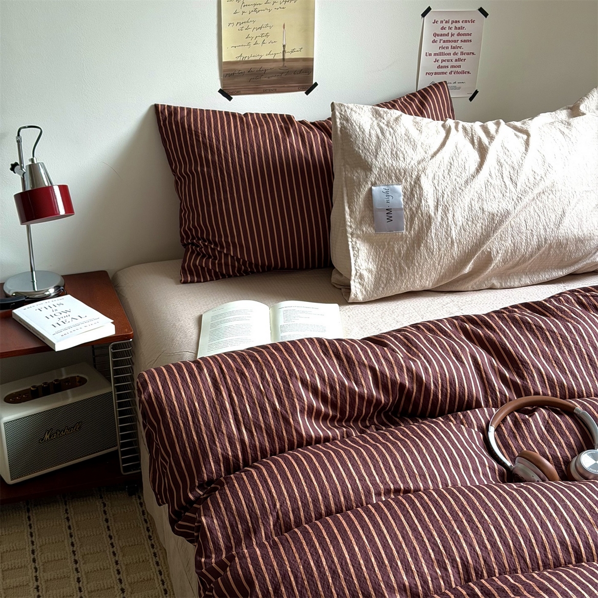 91家纺网 家纺一手货源 找家纺 拾一 2026新款条纹简约中古木棉水洗棉四件套 慵懒条-棕