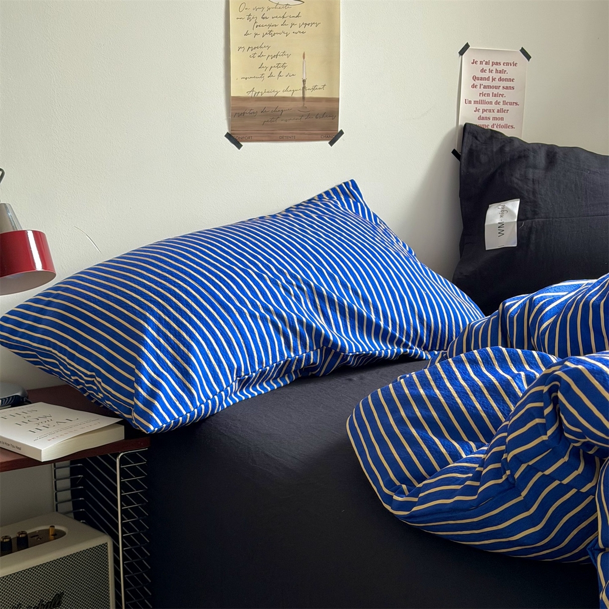 91家纺网 家纺一手货源 找家纺 拾一 2026新款条纹简约中古木棉水洗棉四件套 慵懒条-克莱因蓝