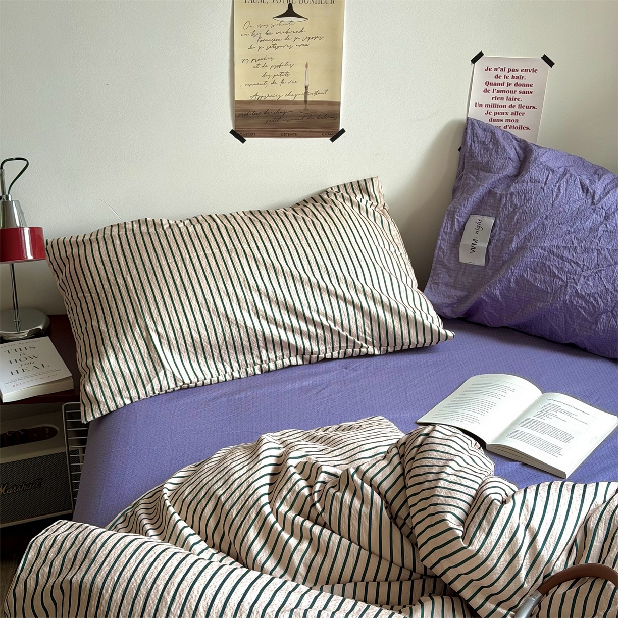 91家纺网 家纺一手货源 找家纺 拾一 2026新款条纹简约中古木棉水洗棉四件套 慵懒条-卡其