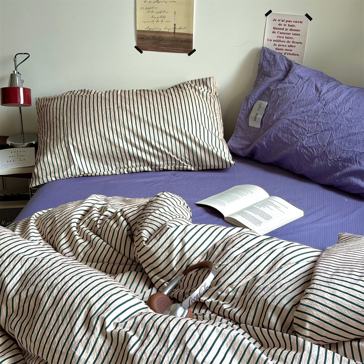 91家纺网 家纺一手货源 找家纺 拾一 2026新款条纹简约中古木棉水洗棉四件套 慵懒条-卡其