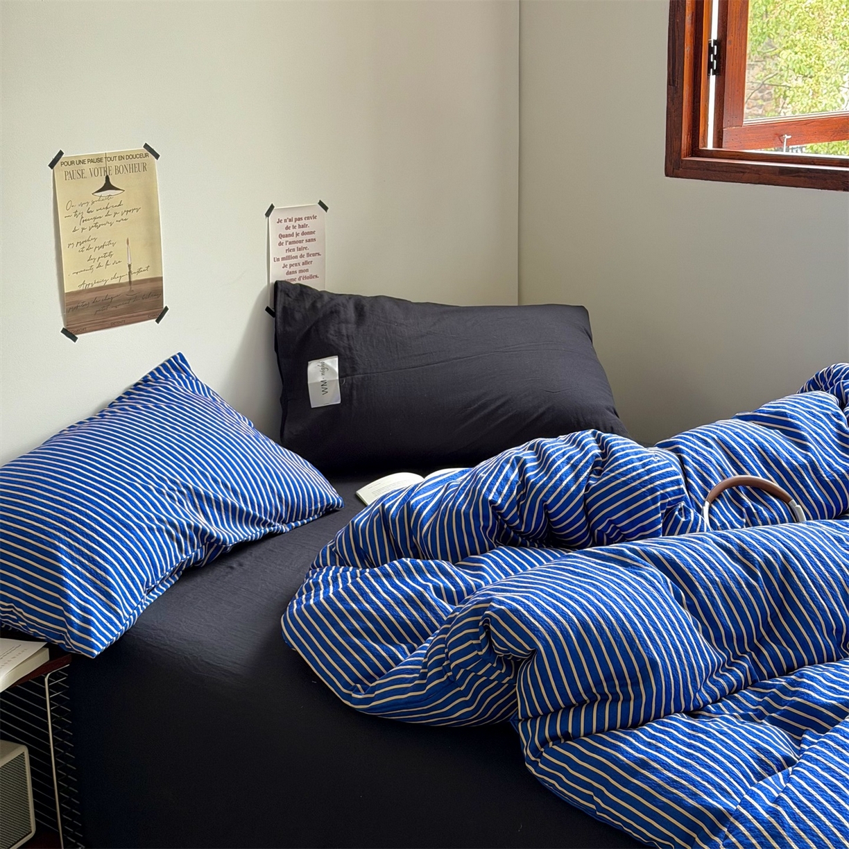 91家纺网 家纺一手货源 找家纺 拾一 2026新款条纹简约中古木棉水洗棉四件套 慵懒条-克莱因蓝