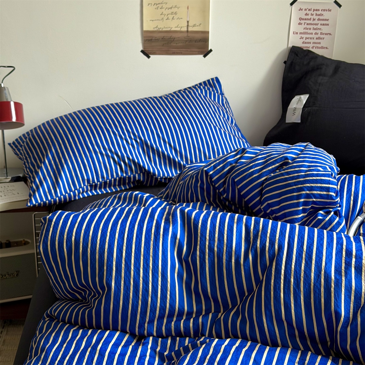 91家纺网 家纺一手货源 找家纺 拾一 2026新款条纹简约中古木棉水洗棉四件套 慵懒条-克莱因蓝