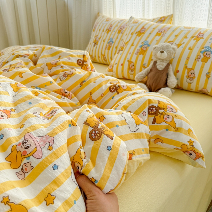 91家纺网 家纺一手货源 找家纺 温眠家纺 2026新款云感针织提花双层纱四件套 快乐星星