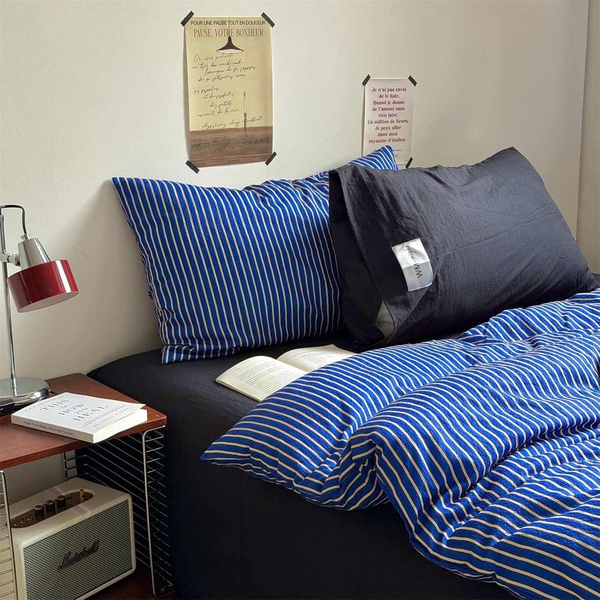 91家纺网 家纺一手货源 找家纺 拾一 2026新款条纹简约中古木棉水洗棉四件套 慵懒条-克莱因蓝