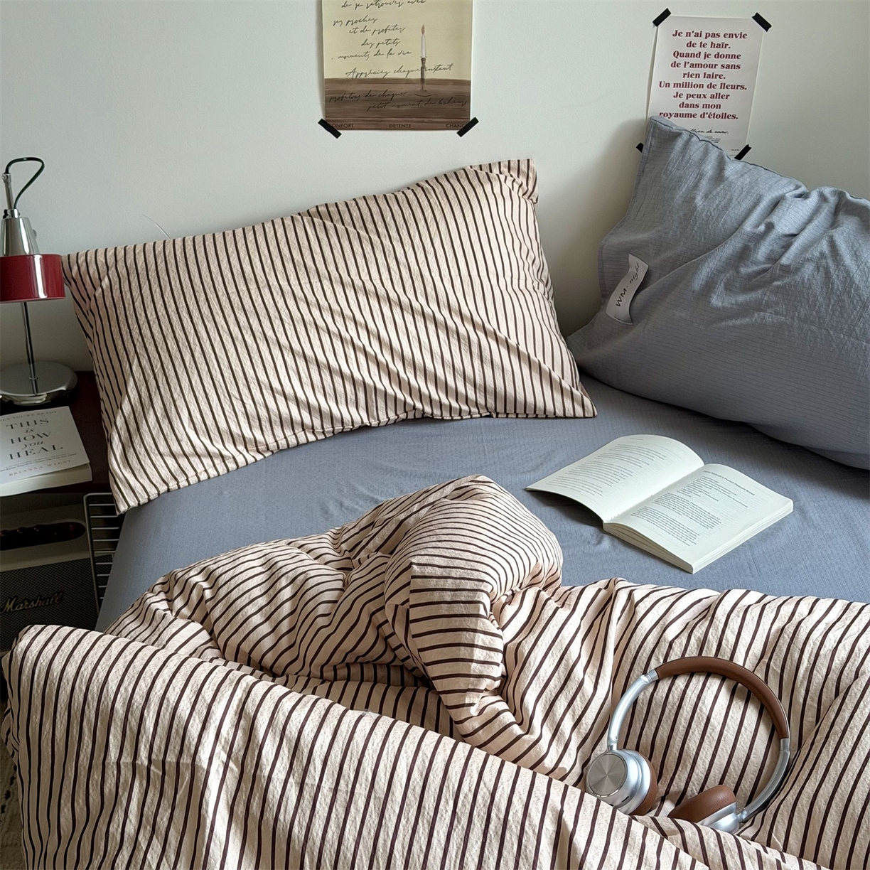 91家纺网 家纺一手货源 找家纺 拾一 2026新款条纹简约中古木棉水洗棉四件套 慵懒条-奶茶