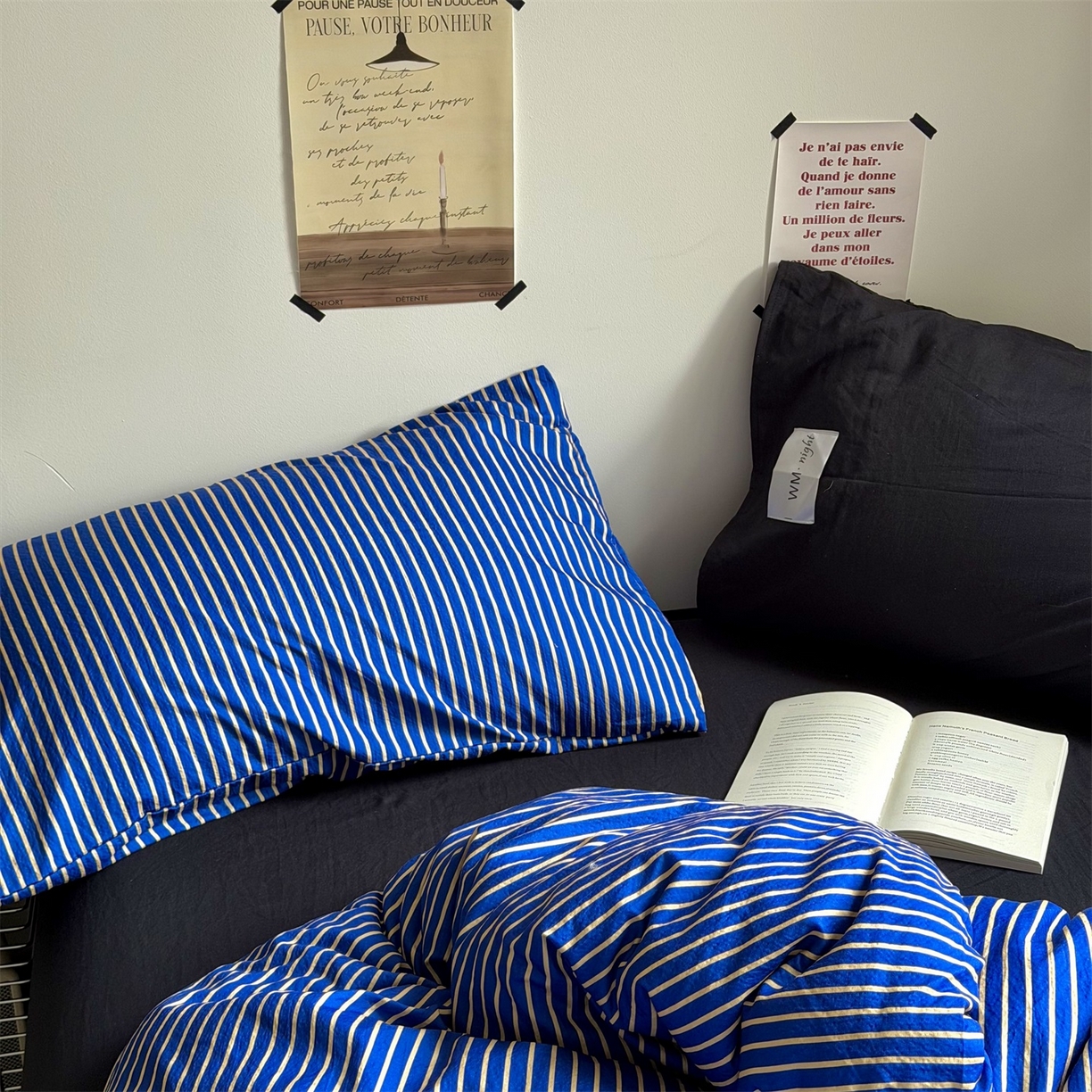 91家纺网 家纺一手货源 找家纺 拾一 2026新款条纹简约中古木棉水洗棉四件套 慵懒条-克莱因蓝