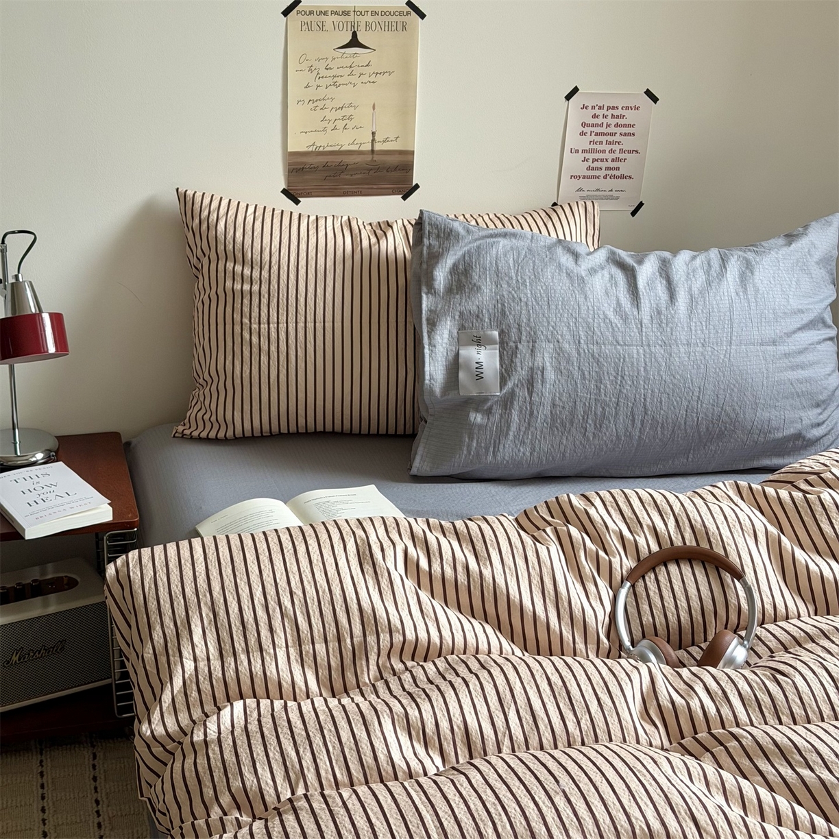 91家纺网 家纺一手货源 找家纺 拾一 2026新款条纹简约中古木棉水洗棉四件套 慵懒条-奶茶