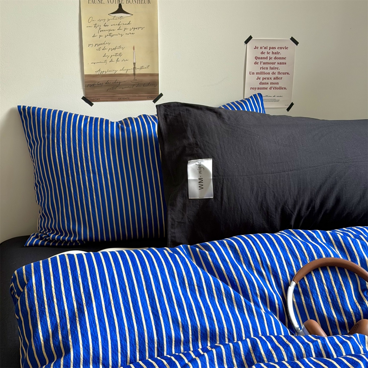 91家纺网 家纺一手货源 找家纺 拾一 2026新款条纹简约中古木棉水洗棉四件套 慵懒条-克莱因蓝