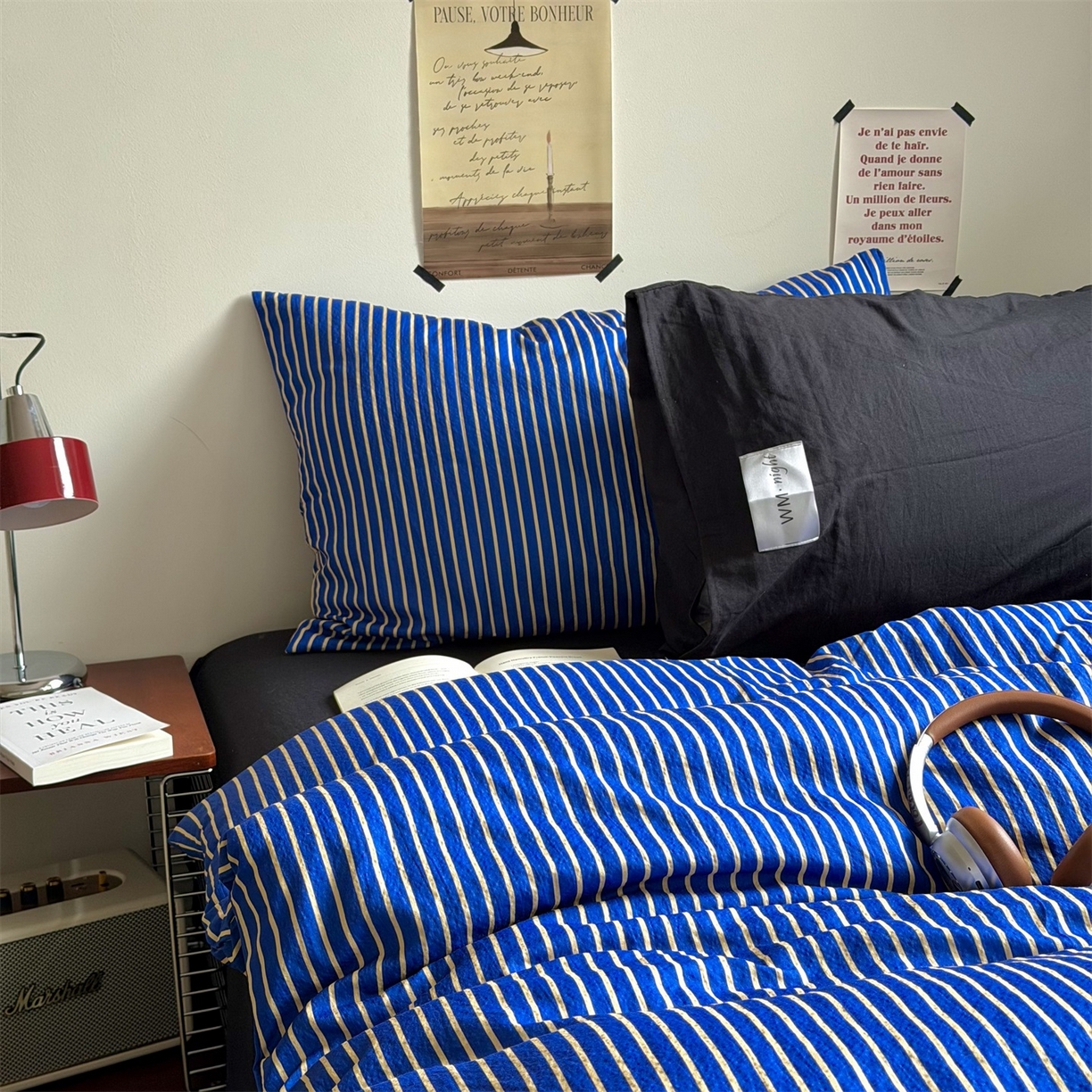 91家纺网 家纺一手货源 找家纺 拾一 2026新款条纹简约中古木棉水洗棉四件套 慵懒条-克莱因蓝