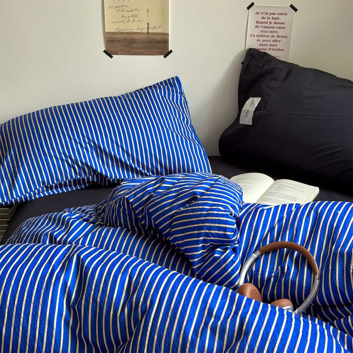 91家纺网 家纺一手货源 找家纺 拾一 2026新款条纹简约中古木棉水洗棉四件套 慵懒条-克莱因蓝