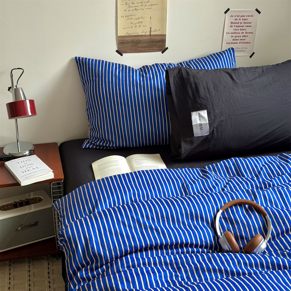 91家纺网 家纺一手货源 找家纺 拾一 2026新款条纹简约中古木棉水洗棉四件套 慵懒条-克莱因蓝