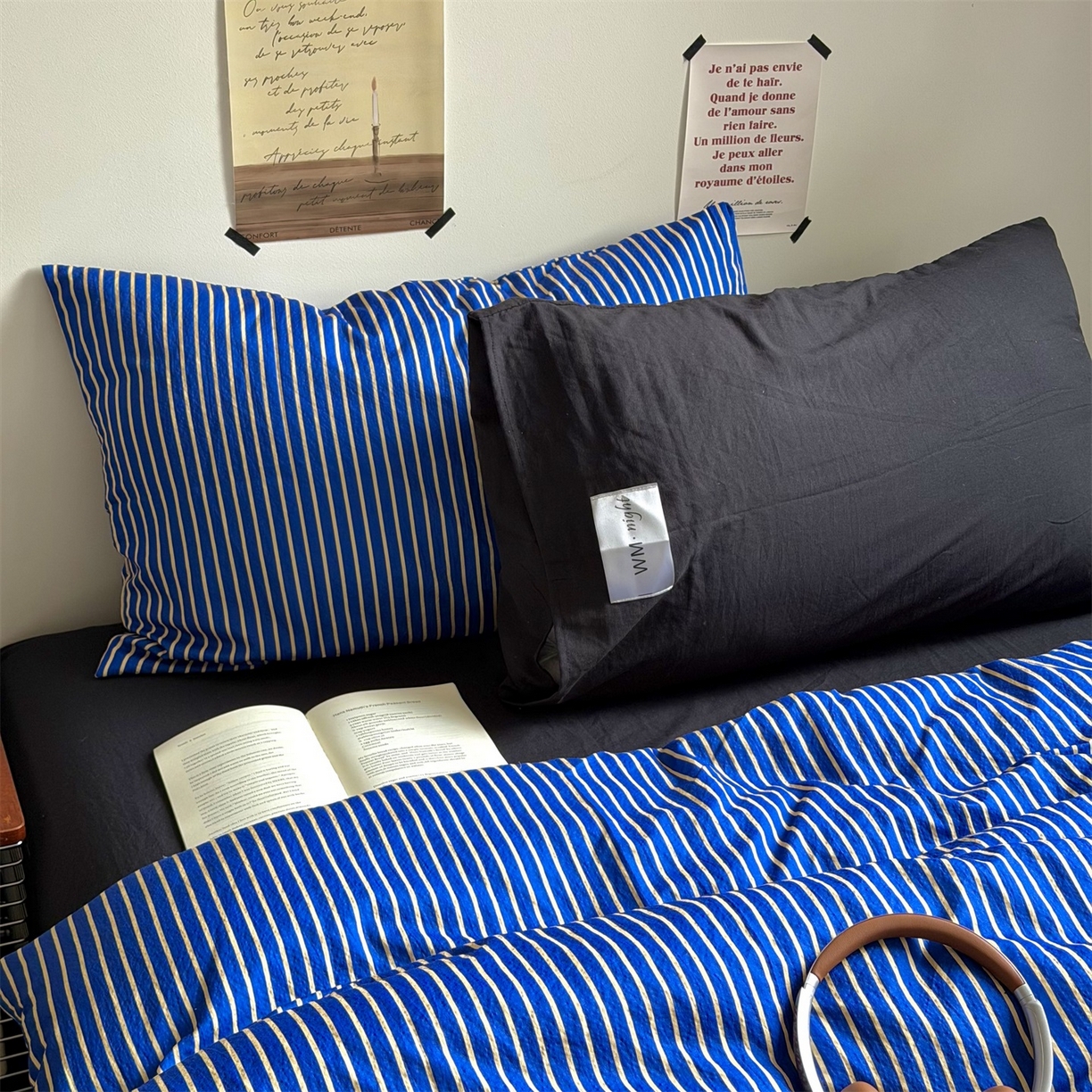 91家纺网 家纺一手货源 找家纺 拾一 2026新款条纹简约中古木棉水洗棉四件套 慵懒条-克莱因蓝