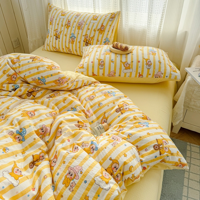 91家纺网 家纺一手货源 找家纺 温眠家纺 2026新款云感针织提花双层纱四件套 快乐星星