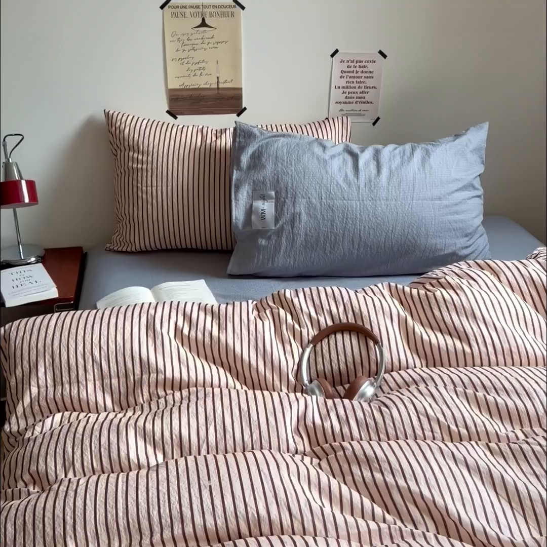 91家纺网 家纺一手货源 找家纺 拾一 2026新款条纹简约中古木棉水洗棉四件套 慵懒条-奶茶