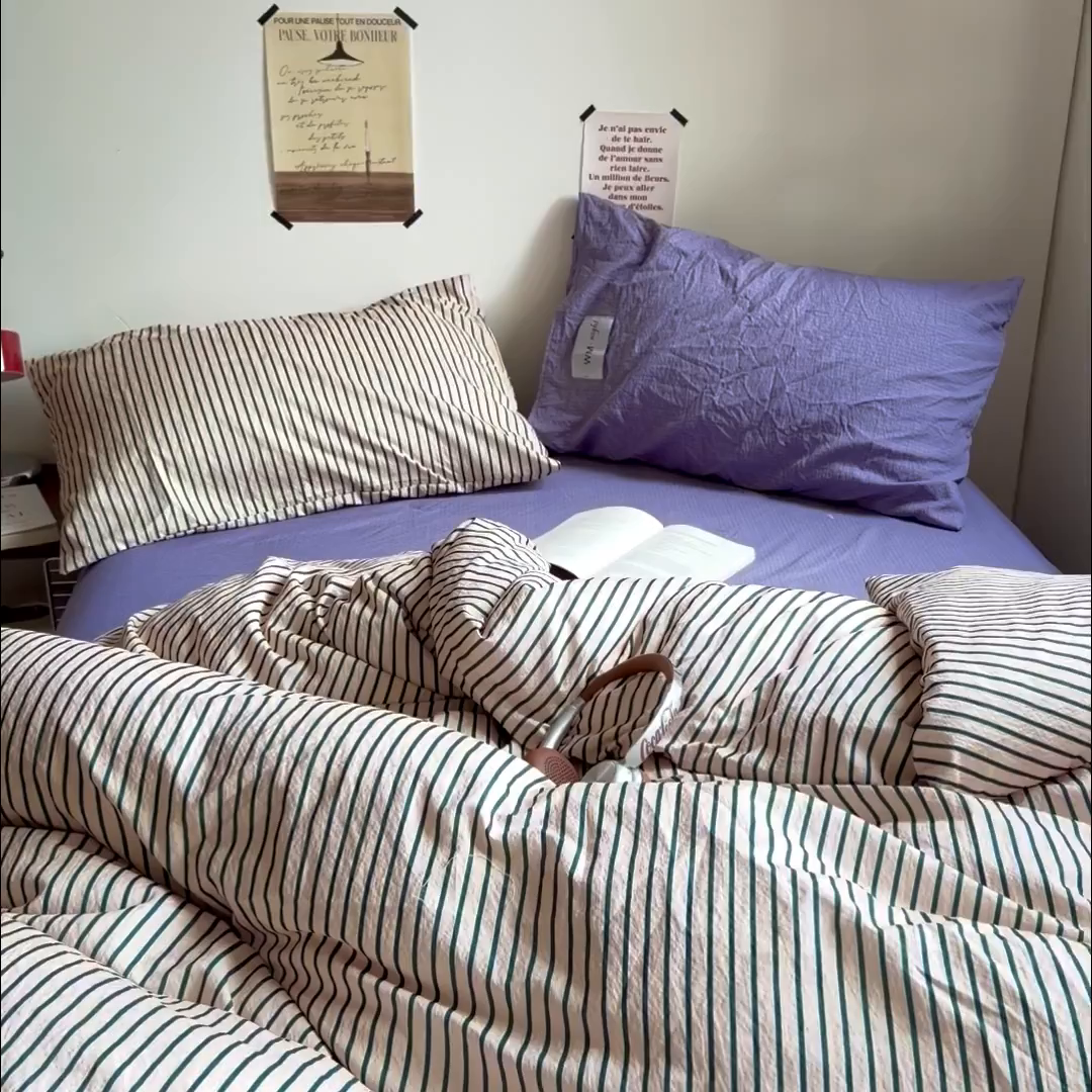 91家纺网 家纺一手货源 找家纺 拾一 2026新款条纹简约中古木棉水洗棉四件套 慵懒条-卡其