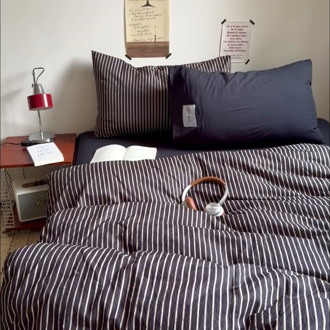 91家纺网 家纺一手货源 找家纺 （总）拾一 2026新款条纹简约中古木棉水洗棉四件套