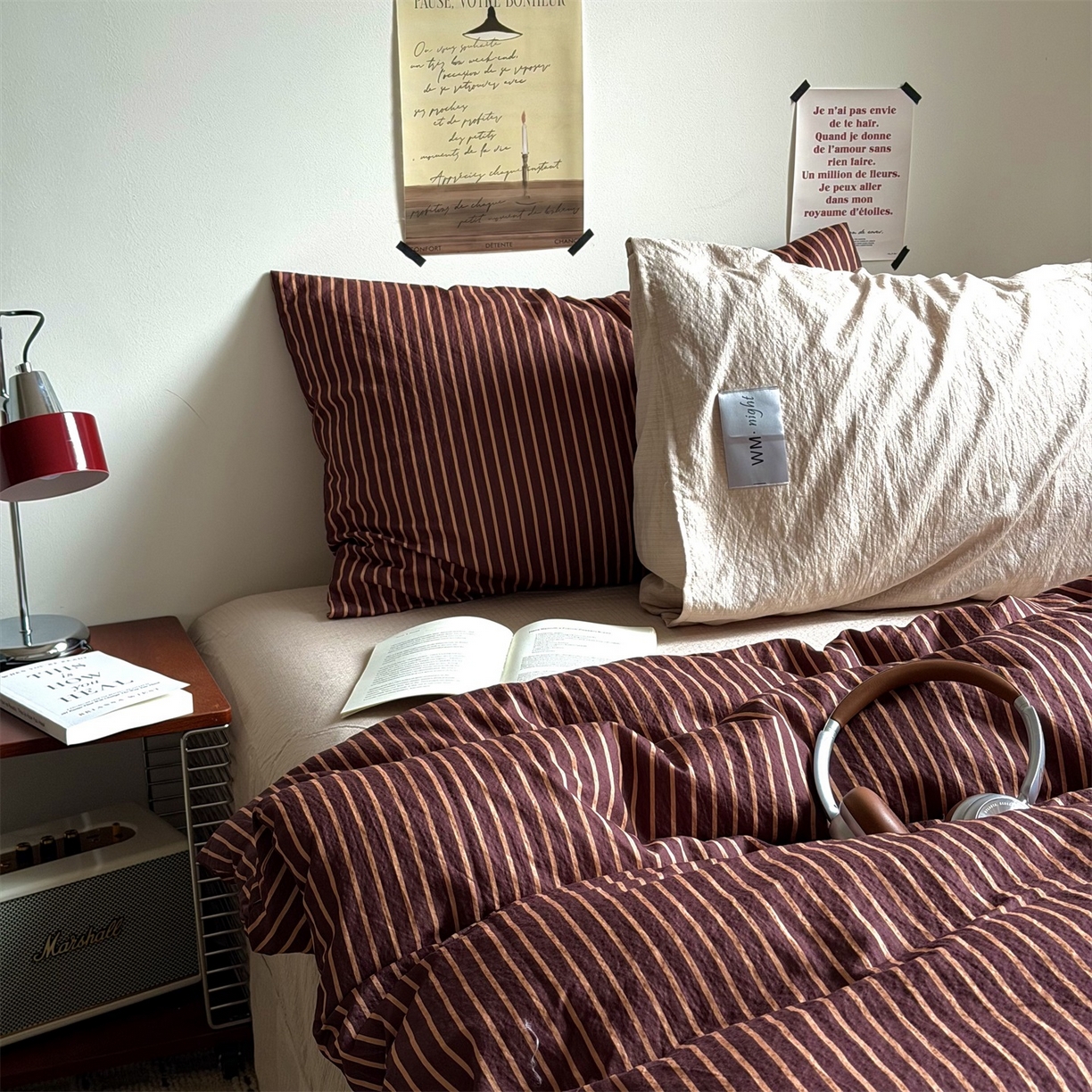 91家纺网 家纺一手货源 找家纺 拾一 2026新款条纹简约中古木棉水洗棉四件套 慵懒条-棕