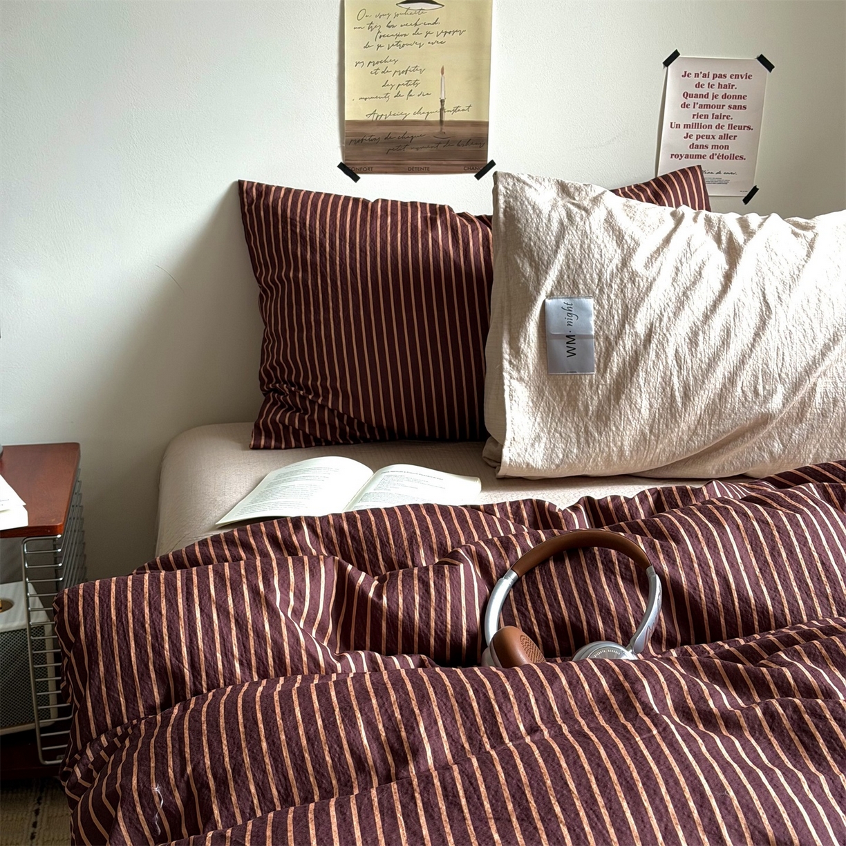 拾一 2026新款条纹简约中古木棉水洗棉四件套 慵懒条-棕