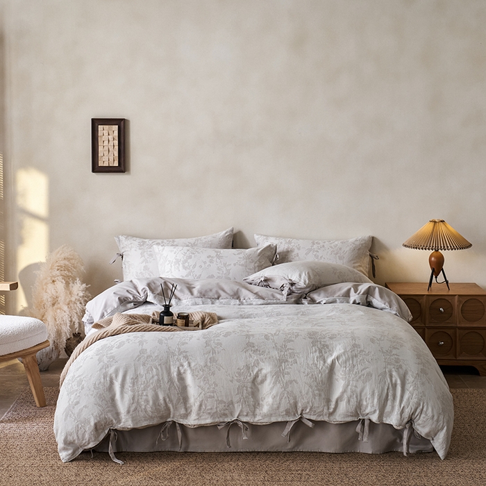 91家纺网 家纺一手货源 找家纺 宜代光年 2026新款亚麻大提花贡缎磨毛四件套系列 侘寂风花型系列 观花芷-银灰