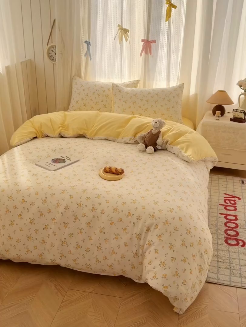 91家纺网 家纺一手货源 找家纺 温眠家纺 2026新款云感针织提花双层纱四件套 梨花落