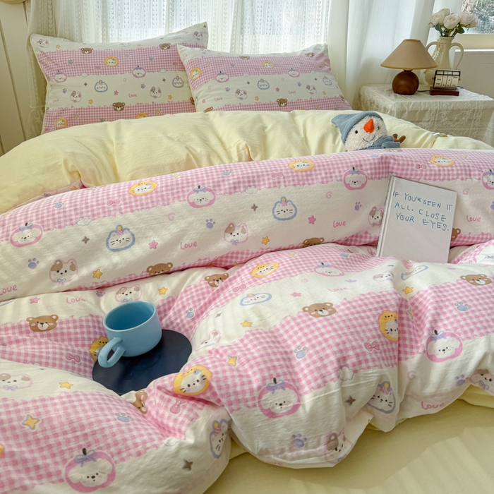 91家纺网 家纺一手货源 找家纺 温眠家纺 2026新款云感针织提花双层纱四件套 猫咪乐园