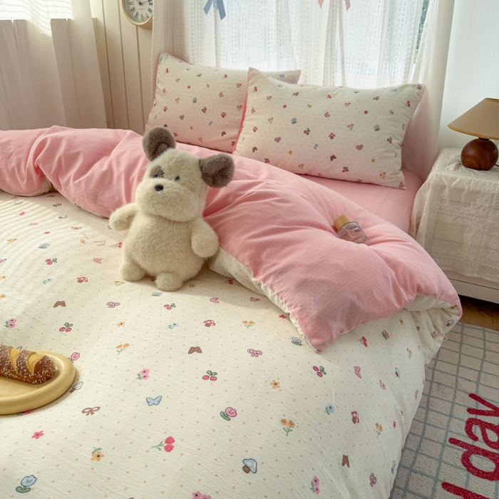 91家纺网 家纺一手货源 找家纺 温眠家纺 2026新款云感针织提花双层纱四件套 奶油风