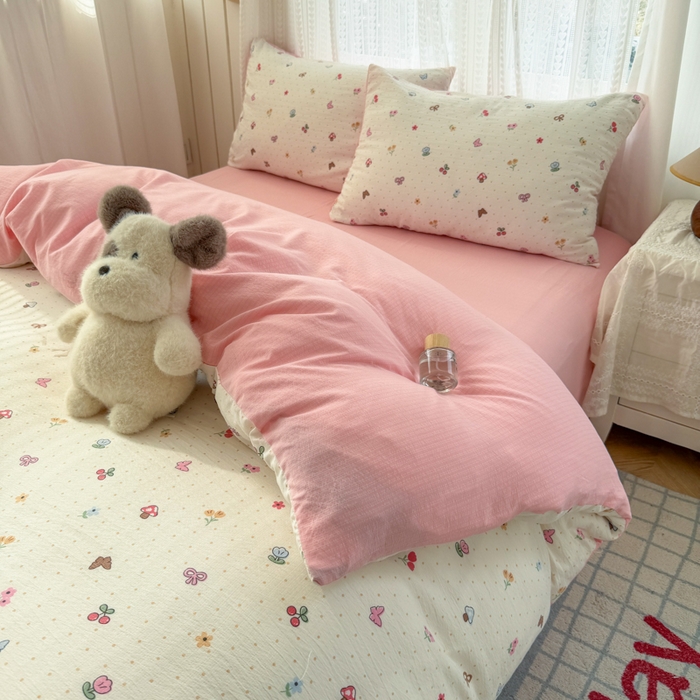 91家纺网 家纺一手货源 找家纺 温眠家纺 2026新款云感针织提花双层纱四件套 奶油风