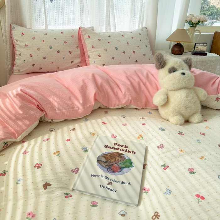 91家纺网 家纺一手货源 找家纺 温眠家纺 2026新款云感针织提花双层纱四件套 奶油风