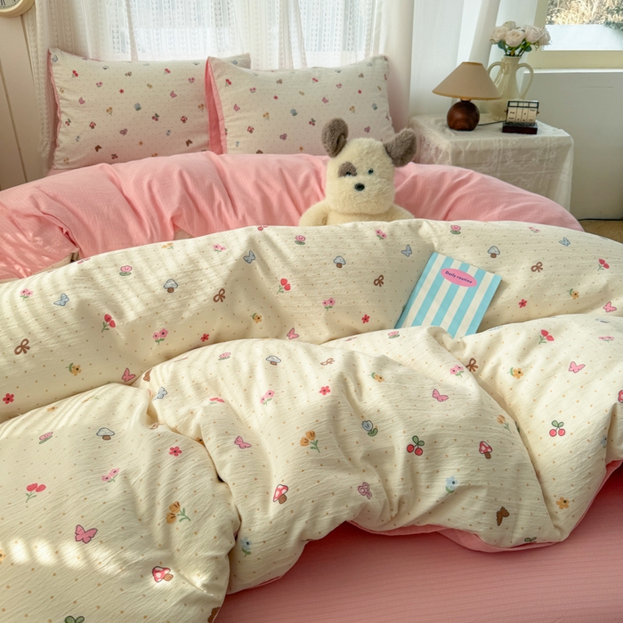 91家纺网 家纺一手货源 找家纺 温眠家纺 2026新款云感针织提花双层纱四件套 奶油风