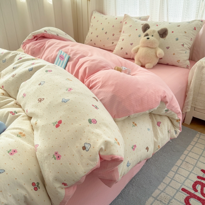 91家纺网 家纺一手货源 找家纺 温眠家纺 2026新款云感针织提花双层纱四件套 奶油风