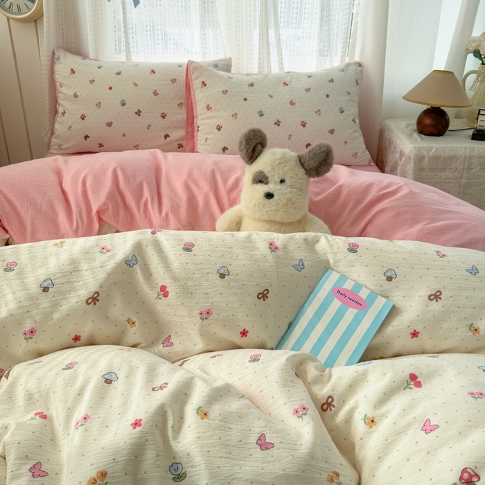 91家纺网 家纺一手货源 找家纺 温眠家纺 2026新款云感针织提花双层纱四件套 奶油风