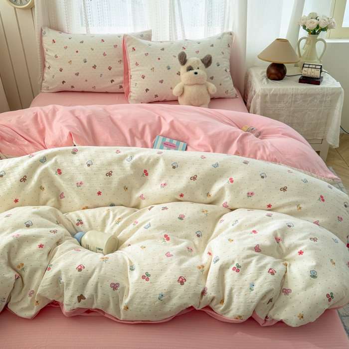 91家纺网 家纺一手货源 找家纺 温眠家纺 2026新款云感针织提花双层纱四件套 奶油风