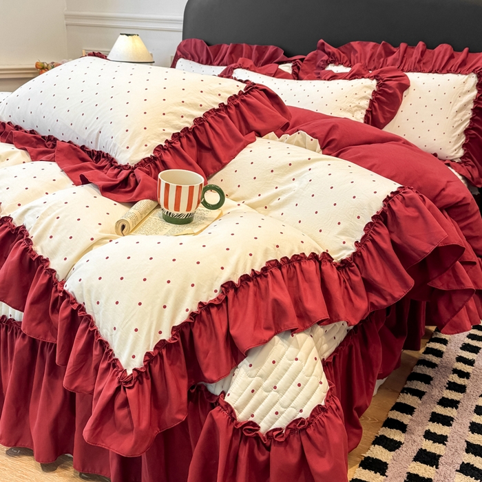 91家纺网 家纺一手货源 找家纺 大麦家纺 2026新款水洗古棉床盖印花四件套 爱恋波点