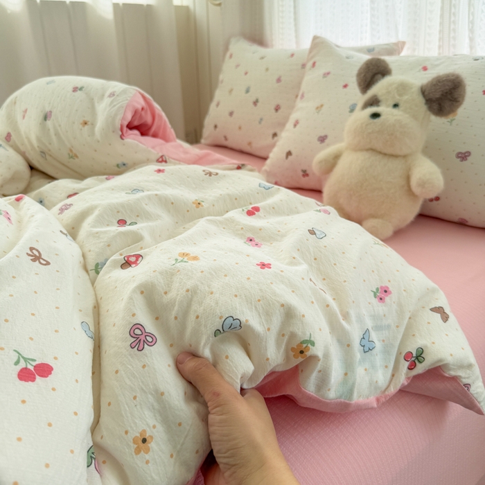 91家纺网 家纺一手货源 找家纺 温眠家纺 2026新款云感针织提花双层纱四件套 奶油风