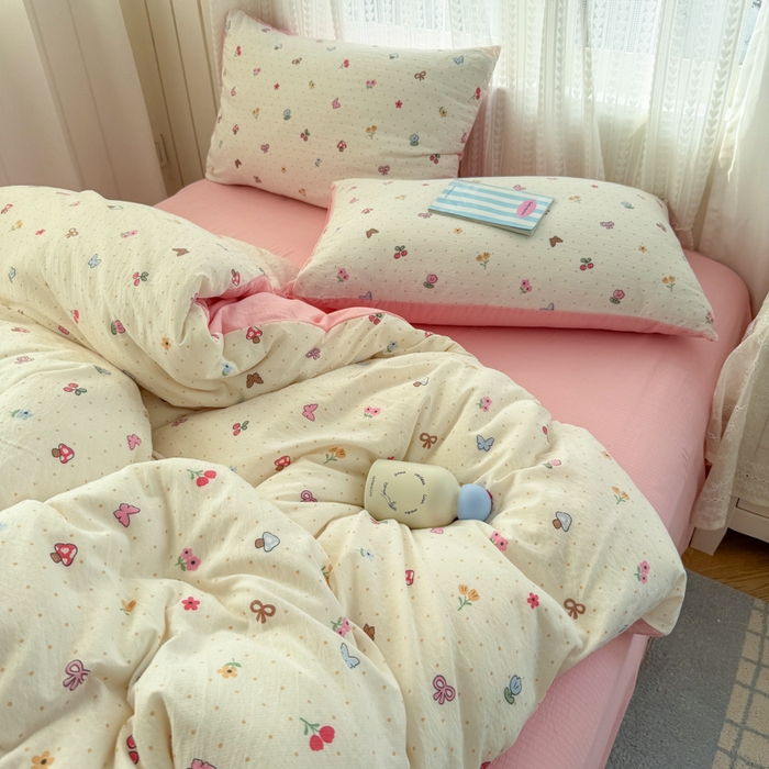 91家纺网 家纺一手货源 找家纺 温眠家纺 2026新款云感针织提花双层纱四件套 奶油风