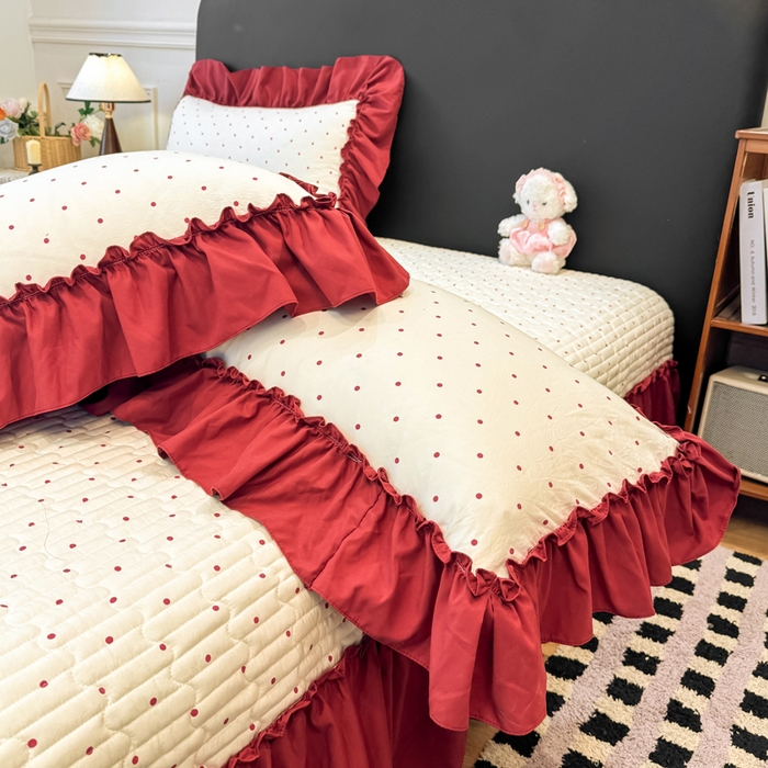 91家纺网 家纺一手货源 找家纺 大麦家纺 2026新款水洗古棉床盖印花四件套 爱恋波点