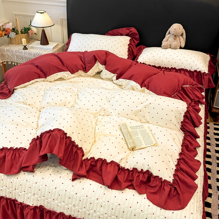 91家纺网 家纺一手货源 找家纺 大麦家纺 2026新款水洗古棉床盖印花四件套 爱恋波点