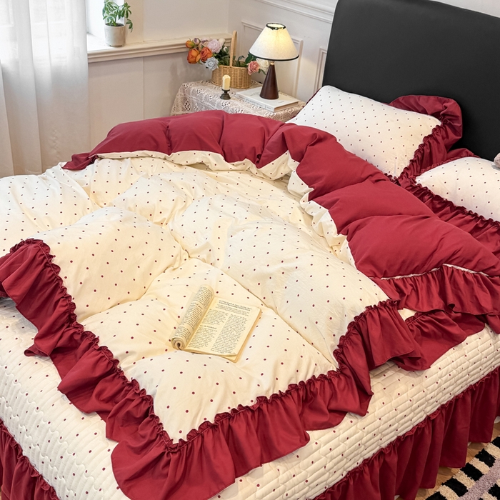 91家纺网 家纺一手货源 找家纺 大麦家纺 2026新款水洗古棉床盖印花四件套 爱恋波点