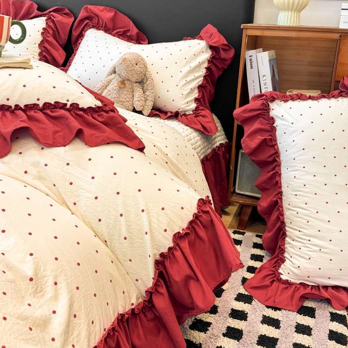 91家纺网 家纺一手货源 找家纺 大麦家纺 2026新款水洗古棉床盖印花四件套 爱恋波点