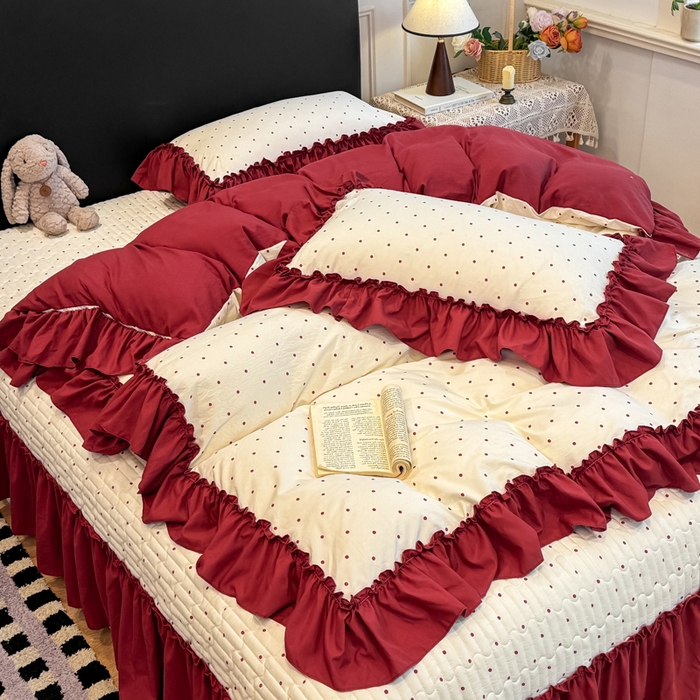 91家纺网 家纺一手货源 找家纺 大麦家纺 2026新款水洗古棉床盖印花四件套 爱恋波点