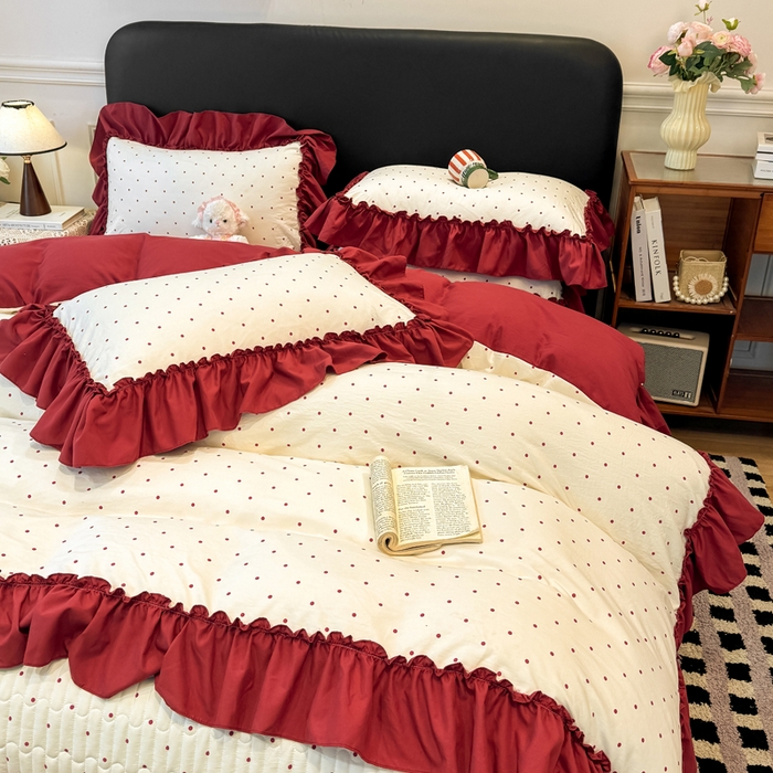 91家纺网 家纺一手货源 找家纺 大麦家纺 2026新款水洗古棉床盖印花四件套 爱恋波点