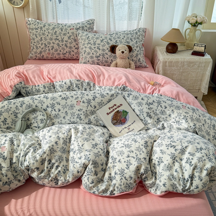 91家纺网 家纺一手货源 找家纺 温眠家纺 2026新款云感针织提花双层纱四件套 柠夏