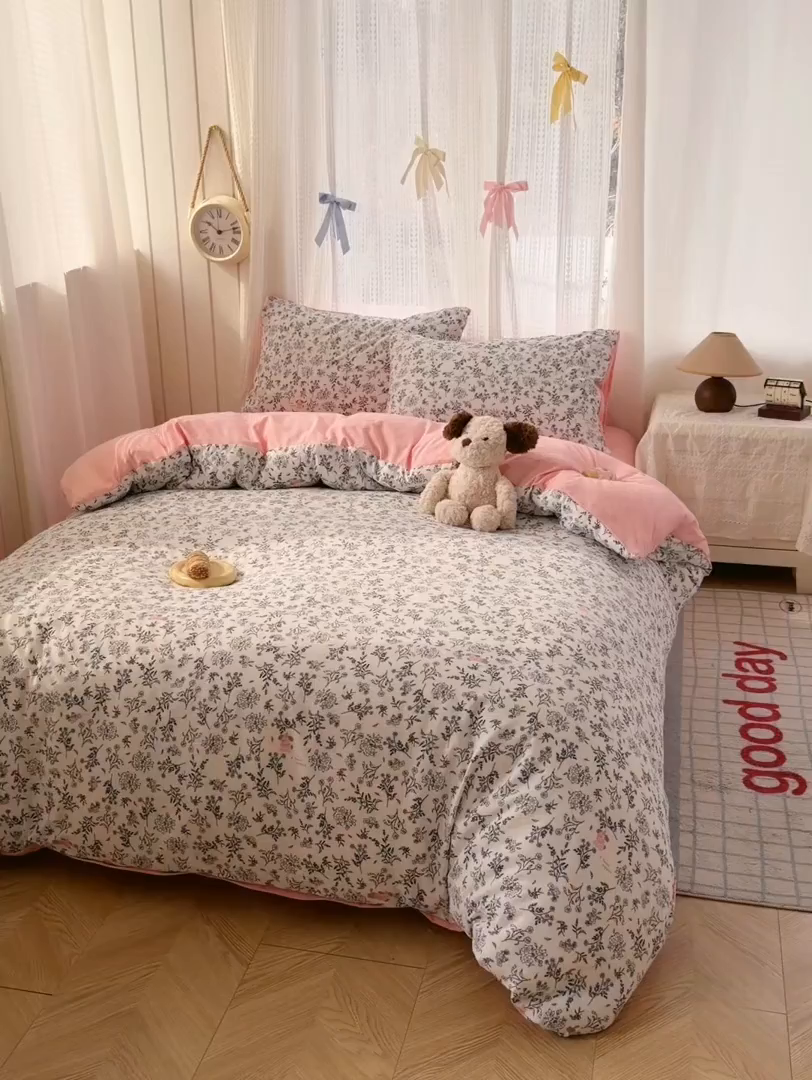 91家纺网 家纺一手货源 找家纺 温眠家纺 2026新款云感针织提花双层纱四件套 柠夏